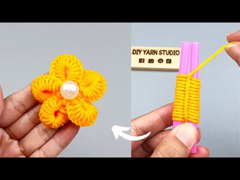 Super Easy Woolen Flower Making with Plastic Straw | Woolen Craft | No Crochet Flower