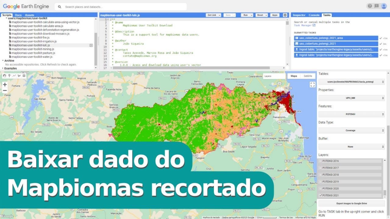 Baixar dados do Mapbiomas com recorte para sua área de estudo pelo Google Earth Engine