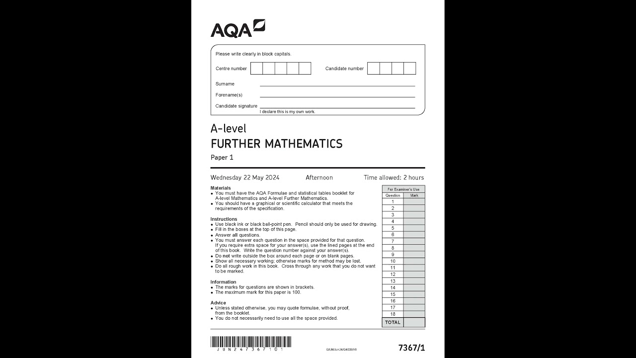 2024 AQA A Level Further MathemATIcs Paper 1 7367 1
