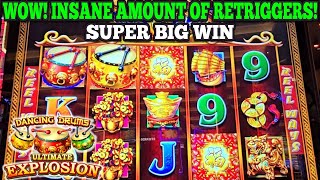 BIG WIN! RETRIGGER INSANITY! DANCING DRUMS ULTIMATE EXPLOSION SLOT GOLD DRUM BONUS | Las Vegas Slots