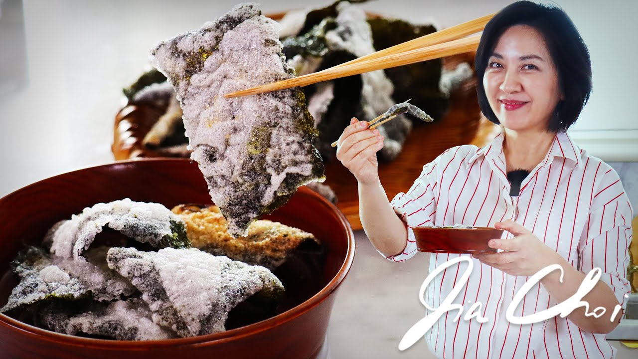 Korean gim bugak deep fried seaweed chips with rice paste coating showing the puffed crunchy texture and sesame seeds