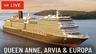 SHIPS TV -  Queen Anne, Arvia & Europa Cruise Ships Departing Port of Southampton (LIVE)