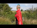 Walking In Public In High Heels And Red Shiny PVC Coat Stockings