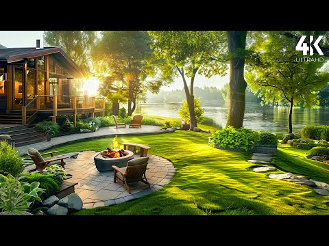 Lakeshore Terrace Ambience🌞Lake waves Sounds & Birds Chirping, Campfire | Morning Cottage Ambience