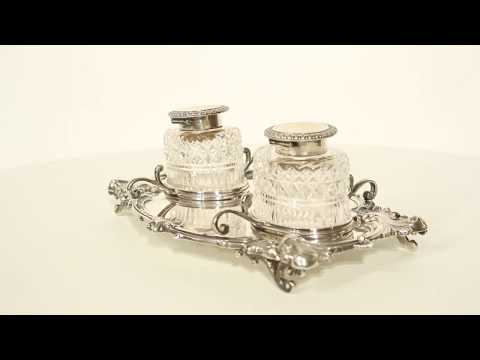 Antique English Silver Inkstand Cut glass Wells J Dixon