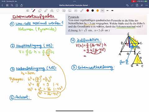 12. Extremwertaufgabe Pyramide mit maximalem Volumen, mit Lösungsschema und Rechnung