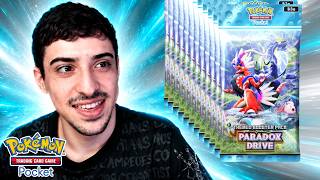 Abri 100 packs de Impulso Paradoxal no Pokémon TCG Pocket.
