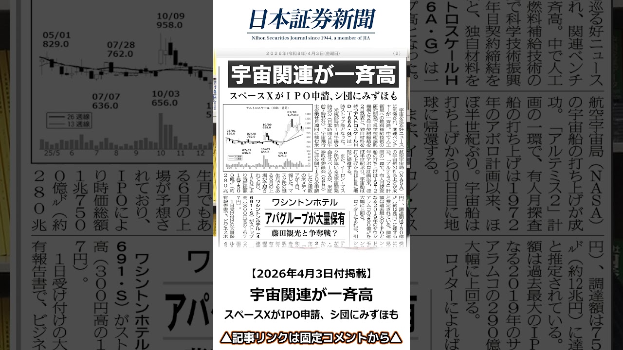 【2026年4月3日付】宇宙関連が一斉高、スペースXがIPO申請／たけぞう氏と見る株ニュース