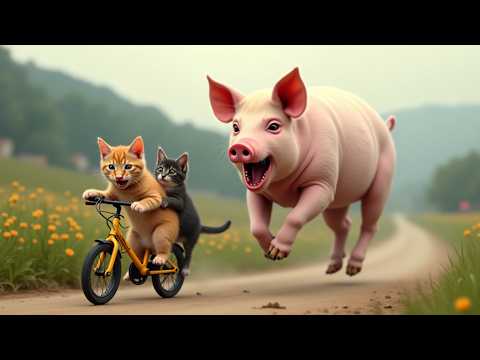 Two Kittens Race for Their Lives as a Giant Pig Gives Chase! 🐷🚴🐱