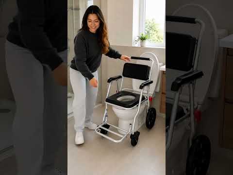 3-in-1 Shower Commode Wheelchair | Folding Aluminium Wheeled Shower Chair with Padded Seat | Removable Bucket