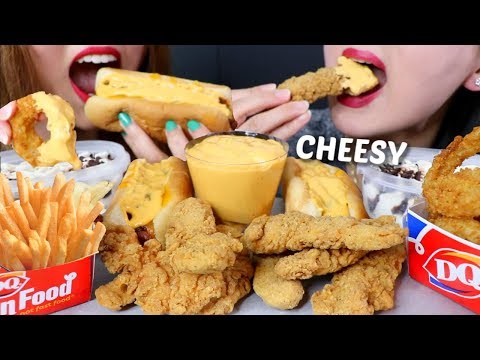 ASMR CHEESY FRIED CHICKEN TENDERS CHILI CHEESE DOGS...
