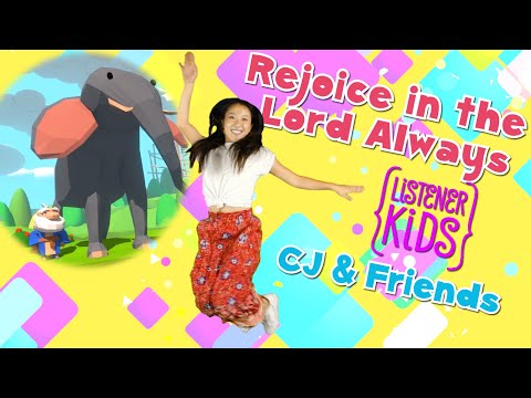 Young girl jumping with a large cartoon elephant and colorful background, title says 'Rejoice in the Lord Always' (kids' video thumbnail).