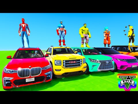 SPIDERMAN CARS Racing DOWN UP Ramp Challenge ! SUPERHEROES HULK Epic Stunt Race by GOKU BMW - GTA 5