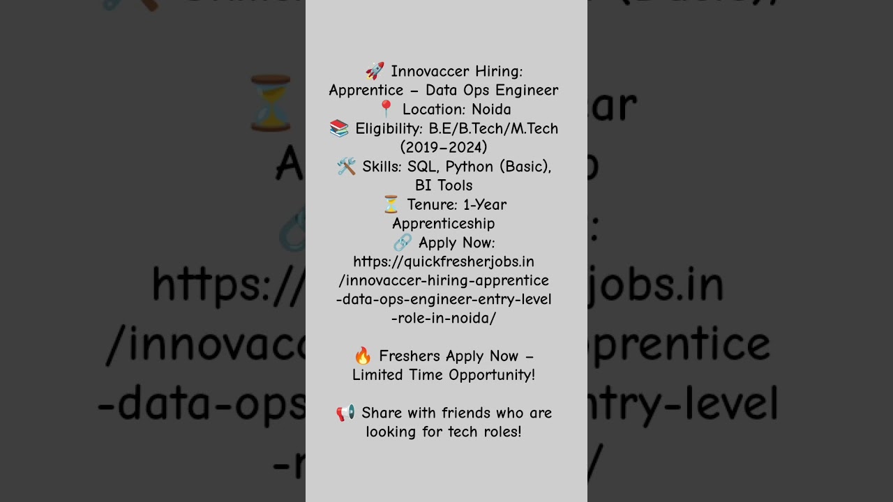 🚀 Innovaccer Hiring: Apprentice – Data Ops Engineer📍 Location: Noida📚 Eligibility: B.E (2019–2024)