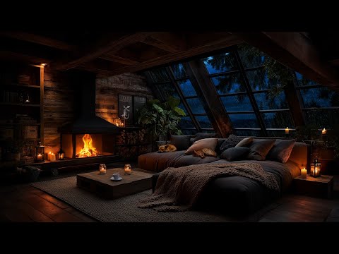 Rain & Fireplace Sounds in Cozy Living Room | Crackling Fire, Sleeping Pets, Calm Night Ambience
