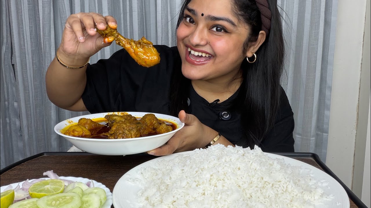 LIVE MUKBANG‼️SPICY LAL LAL MURGIR JHOL WITH BASMATI RICE AND SALAD