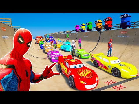 SPIDERMAN CARS Monster Trucks MEGA DEADPOOL Ramp Challenge ! SUPERHERO GOKU Race Tank JET - GTA V