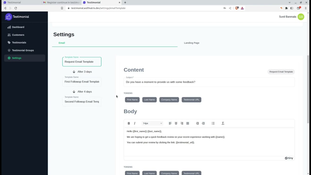Testimonial Email Template configuration