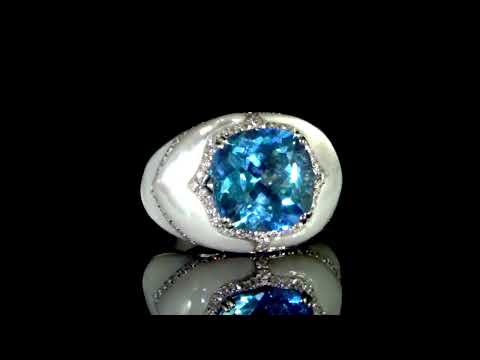 14k White Gold 11.9ct Blue Topaz and Diamond Ring with Mother Of Pearl Finish