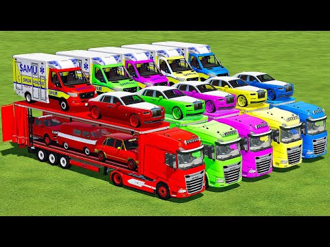 TRANSPORTING POLICE, ROLLS ROYCE, AMBULANCE & VOLKSWAGEN CARS WITH DAF TRUCKS! Farming Simulator 22