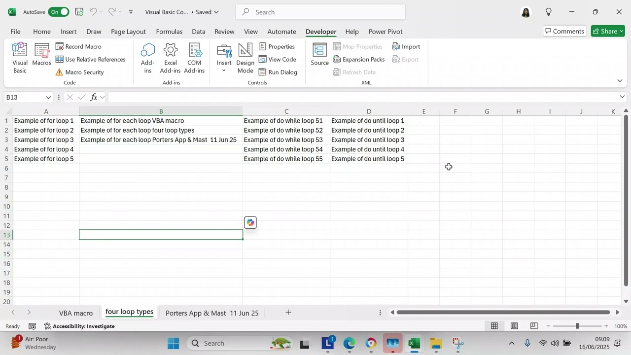 What are the four types of loops used in Excel VBA?