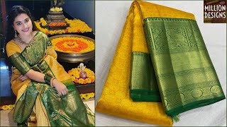 Yellow Kanchipuram Saree with Green Border | Sneha Gold Yellow Kanjivaram Saree