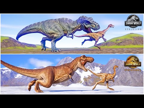 JWE1 vs JWE2 Comparison of Tyrannosaurus Rex Hunting Animations vs Herbivore Dinosaurs