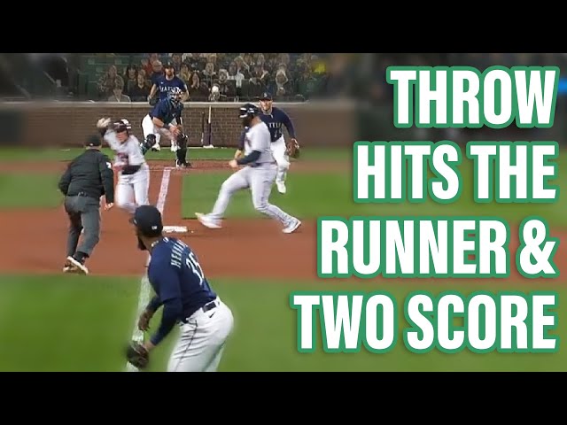 Outfielders throw hits the baserunner and 2 runs score, a breakdown