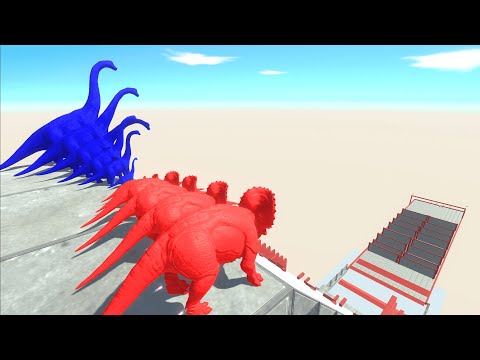 Different Size Blue Brachiosaurus vs Red Triceratops Slide Clash Block Race Animal Revolt Battle