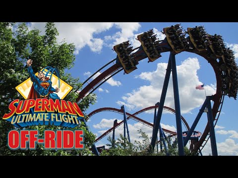 Off-ride footage of a Superman - Ultimate Flight train
