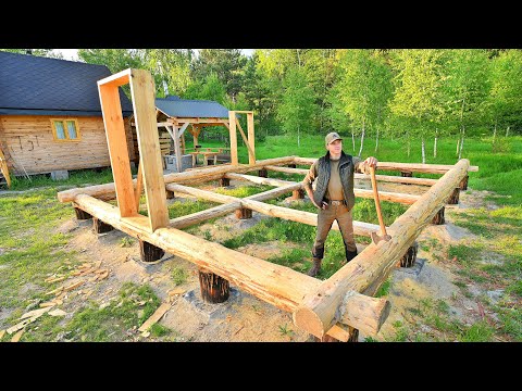 First Row of WALLS for My New Big Log HOME in the Wilderness, Door-Frames, Oak sink, Ep.2