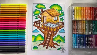 Colorful Treehouse Coloring Page for Kids | Easy Nature Coloring Sheet