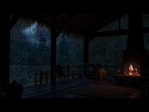 Rainy Night on a Cozy Porch | Crackling Fire & Thunderstorm Sounds for Deep Relaxation 🌧️🔥