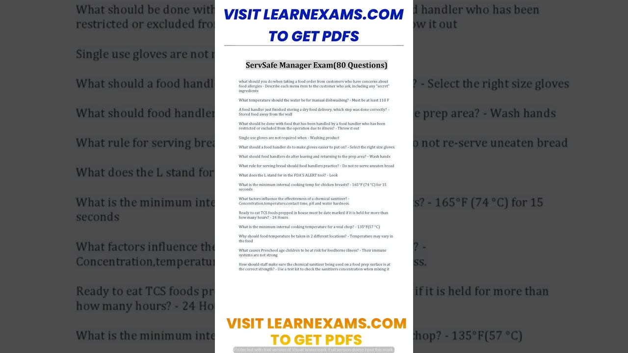 ServSafe Manager Exam80 Questions And Answers With Complete Solution  pdf