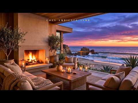 Peaceful Seaside Balcony at Dusk 🌊 Fireplace & Ocean Waves for Stress Relief