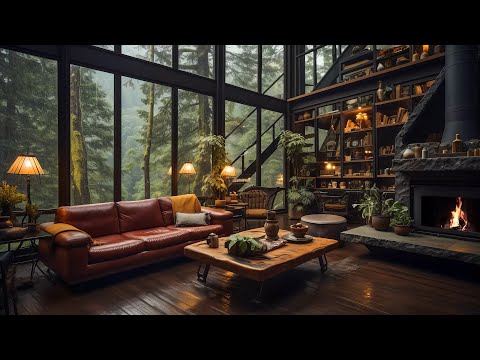 Relaxing Jazz Instrumental Music For Stress Relief - Cozy Living Room Inside Forest on Rainy Day ????️