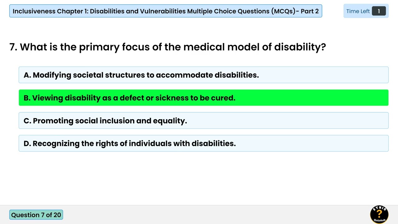 Inclusiveness Chapter 1: Understanding Disabilities & Vulnerabilities | MCQs Quiz Part 2 🤔