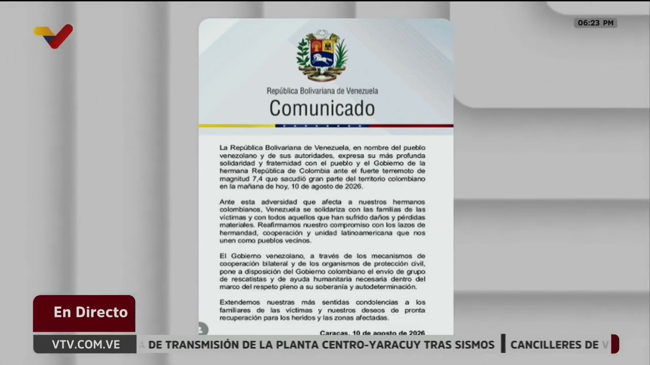 Comunicado de Venezuela en solidaridad con Colombia tras terremoto del 10 de agosto