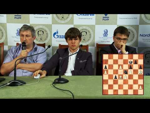 Tal Memorial 2012. Round 8. Magnus Carlsen and Evgeny Tomashevsky speaking about their game
