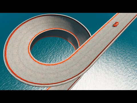 McQueen vs Impossible Spiral Descent Bridge with Loop and Deep Water - BeamNG.Drive