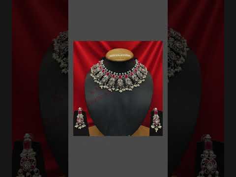 Premium Quality Brass Metal Black and White stone Choker Necklace with Earring set