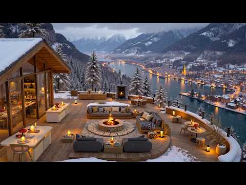 Cozy Luxury Winter Escape ❄️Smooth Jazz by the Fireplace Overlooking a Snowy River for Focus & Relax