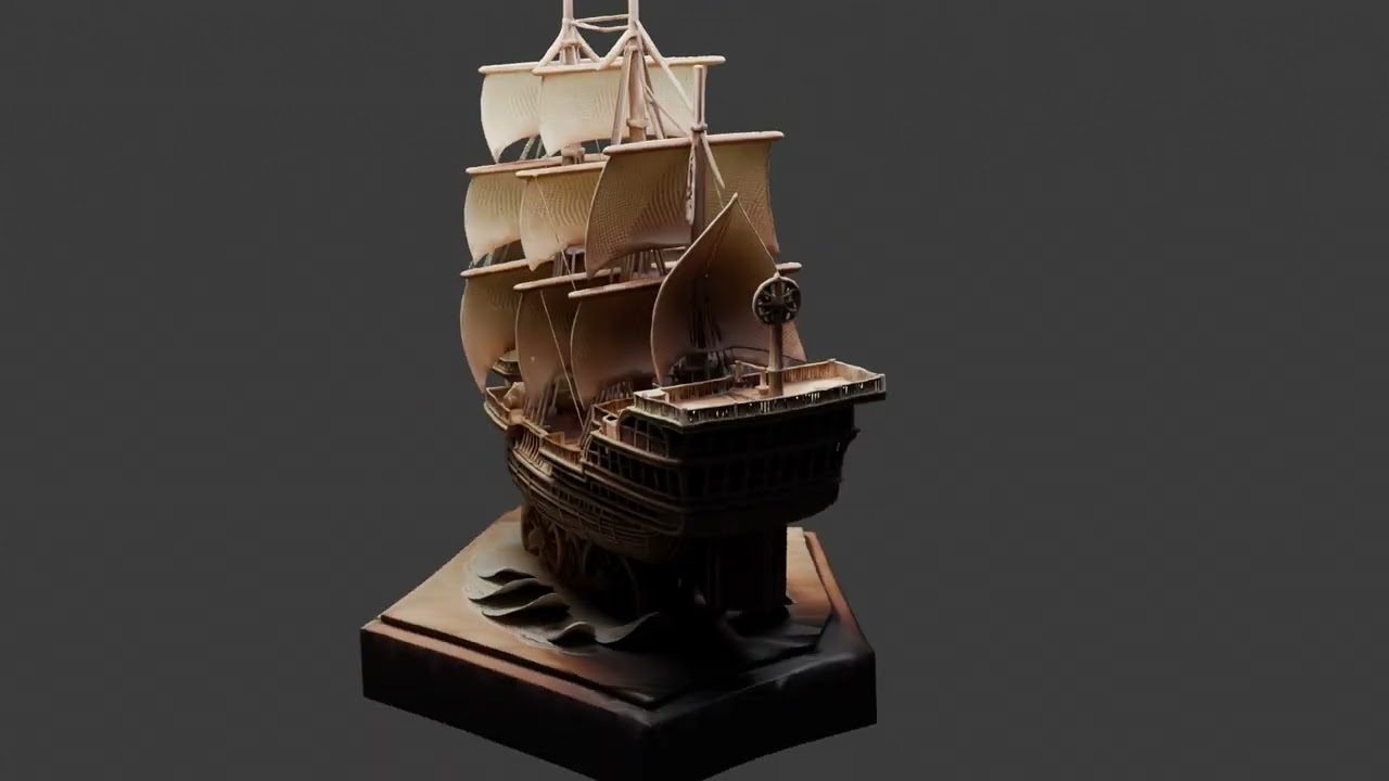 Chinese Wooden Carving Junk Sail Ship 3D Model