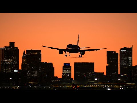 Sunset and evening at Boston Logan Airport - Runway 27 landings, Runway 33 takeoffs