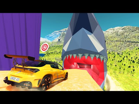 Cars Jumps & Crashes Over Shark on the Bridge BeamNG.Drive