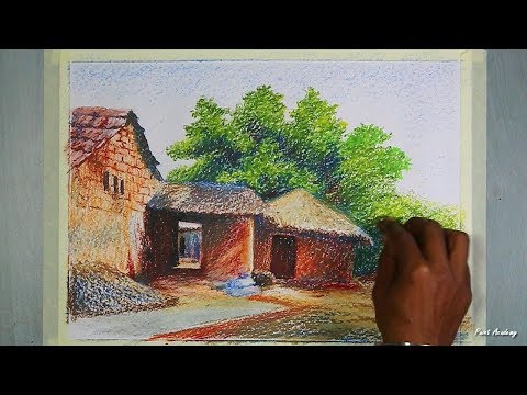 Oil Pastel Painting | Beautiful Village Landscape Painting step by step