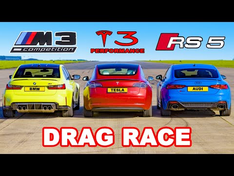 BMW M3 AWD v Model 3 Performance v Audi RS5: DRAG RACE