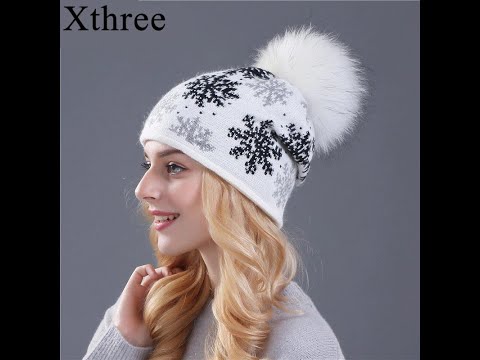 Xthree Real Mink Pom Poms Wool Rabbit Fur Knitted Hat Skullies Winter Hat for Women Girls Hat