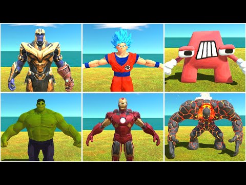 Thanos, Goku, Alphabet A VS Hulk, IronMan, Lavaboy - Animal Revolt Battle Simulator