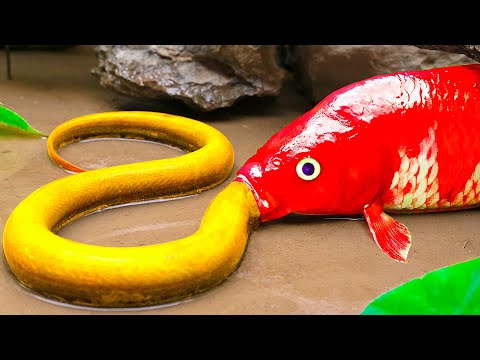 Battle Survival Couple Of Golden Koi Fish And Eel Hunting Turtle Eggs - Stop Motion In Mud - Coco